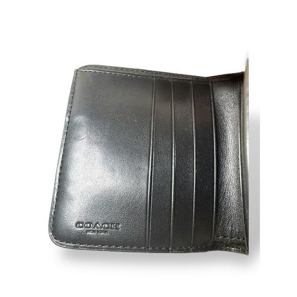 Coach Small Tri-Fold Wallet Black Leather & Signature Canvas Card Holder - Picture 7 of 13